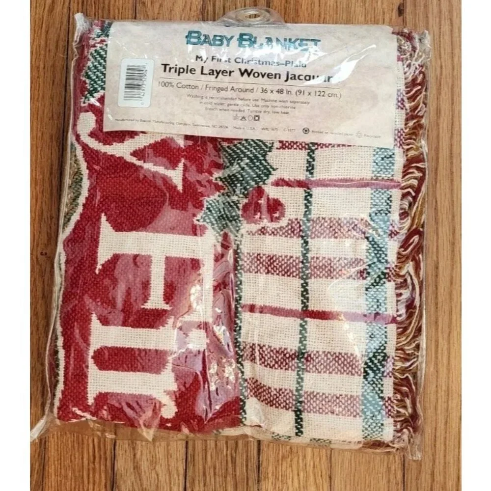 Vintage Beacon “My First Christmas” Blanket Triple Layer Woven Jacquard 36x48